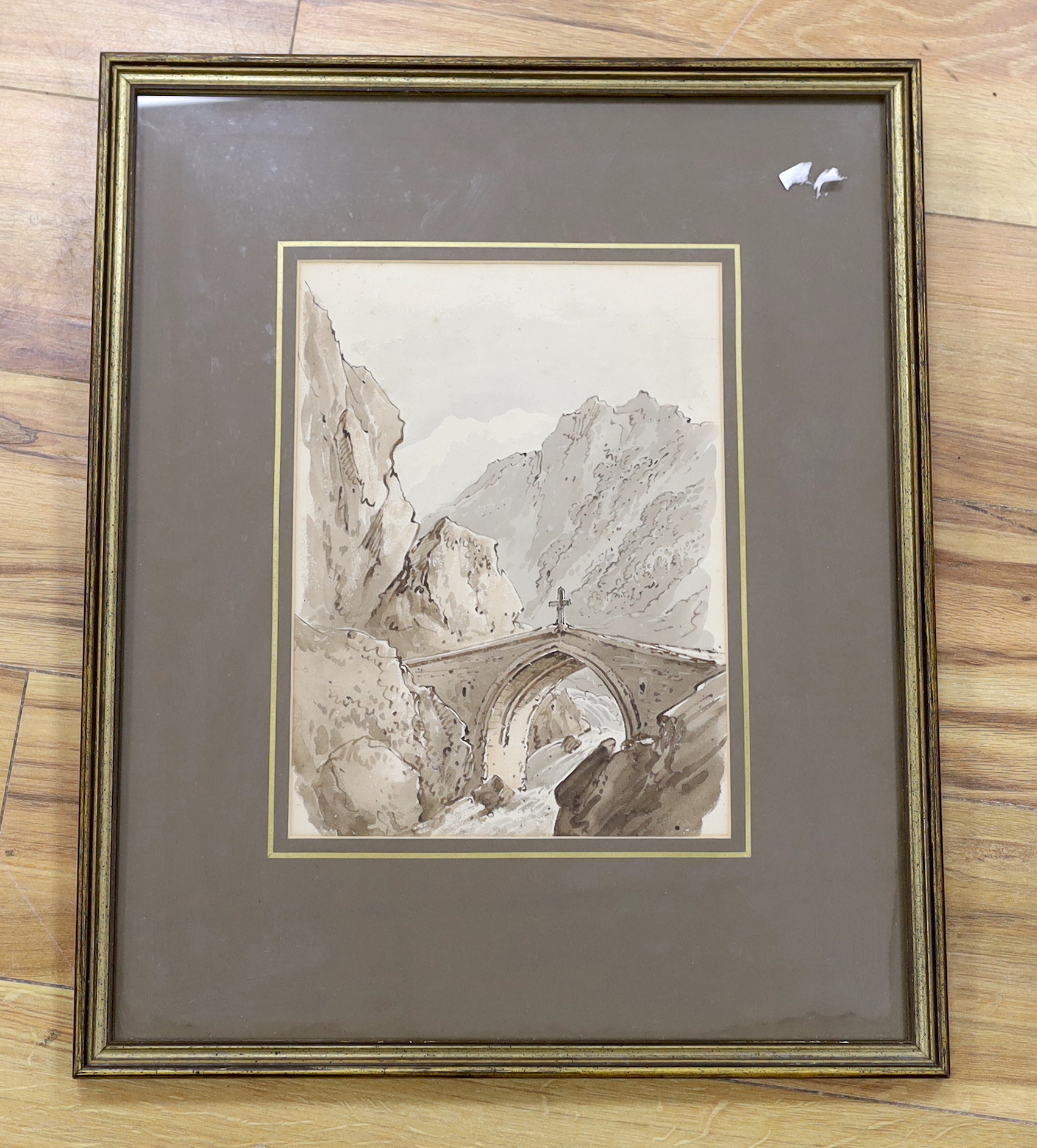 Henry William Burgess (1792-1839), ink and wash, Alpine bridge, unsigned, 30 x 22cm